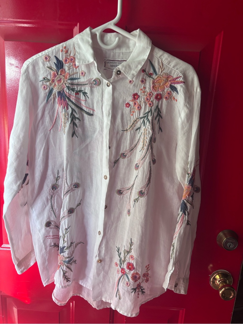 Johnny Was Embroidered White Button-Up Shirt with coral  & Green Floral Detail
